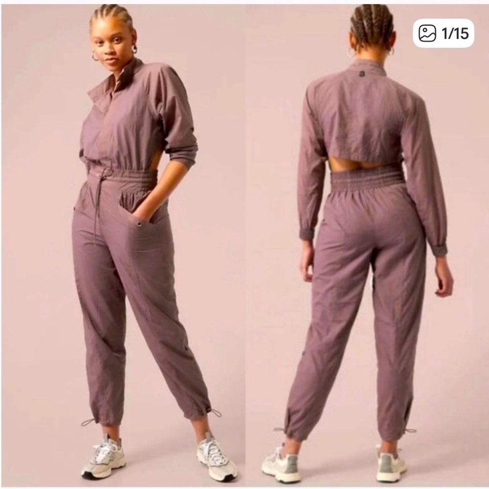 NWT Athleta x Alicia Keys Smoked Almond Brown/ Purple Nylon Utility Jumpsuit